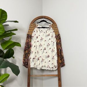 Jane + Delancey XL Mixed Floral Boho Button Front Long Sleeve Blouse